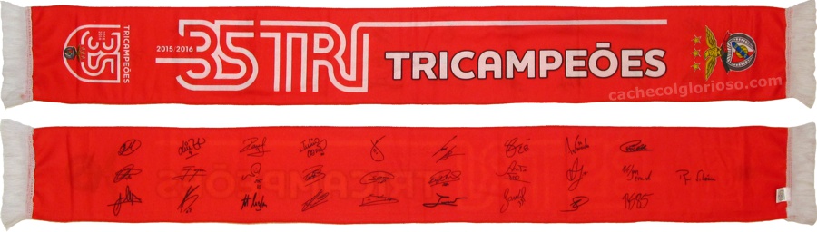 cachecol benfica 35 tricampeoes 2015-16 vermelho autografos cofina